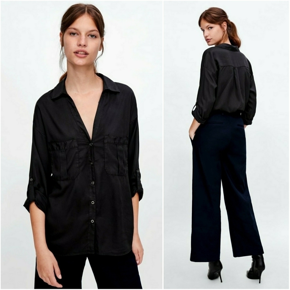 ZARA // tencel lyocell flowy snap button shirt